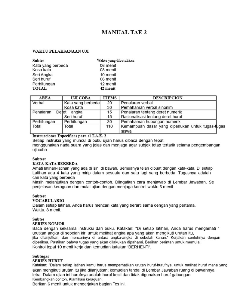 Panduan Uji TAE 2: Instruksi dan Waktu | PDF