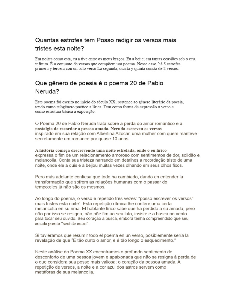 Quantas Estrofes Tem Posso Escrever Os Versos Mais Tristes Esta Noite ...