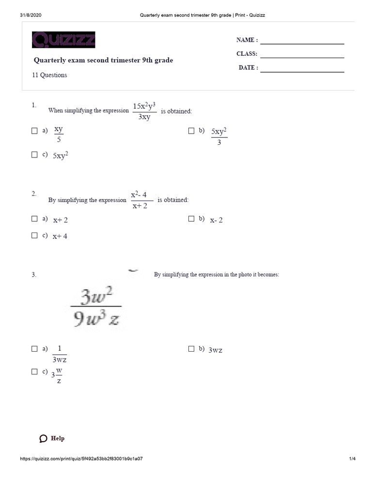 Quarterly Exam Second Trimester 9th Grade - Print - Quizizz PDF | PDF ...