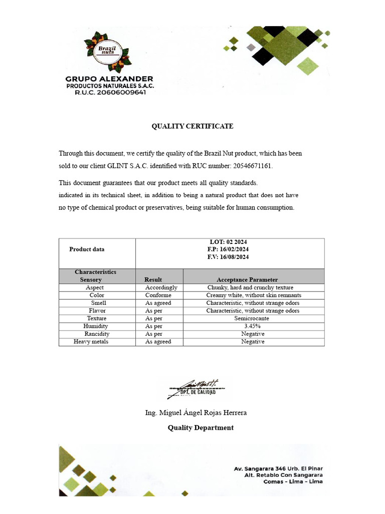 Brazil Nut Quality Certificate 2024 | PDF