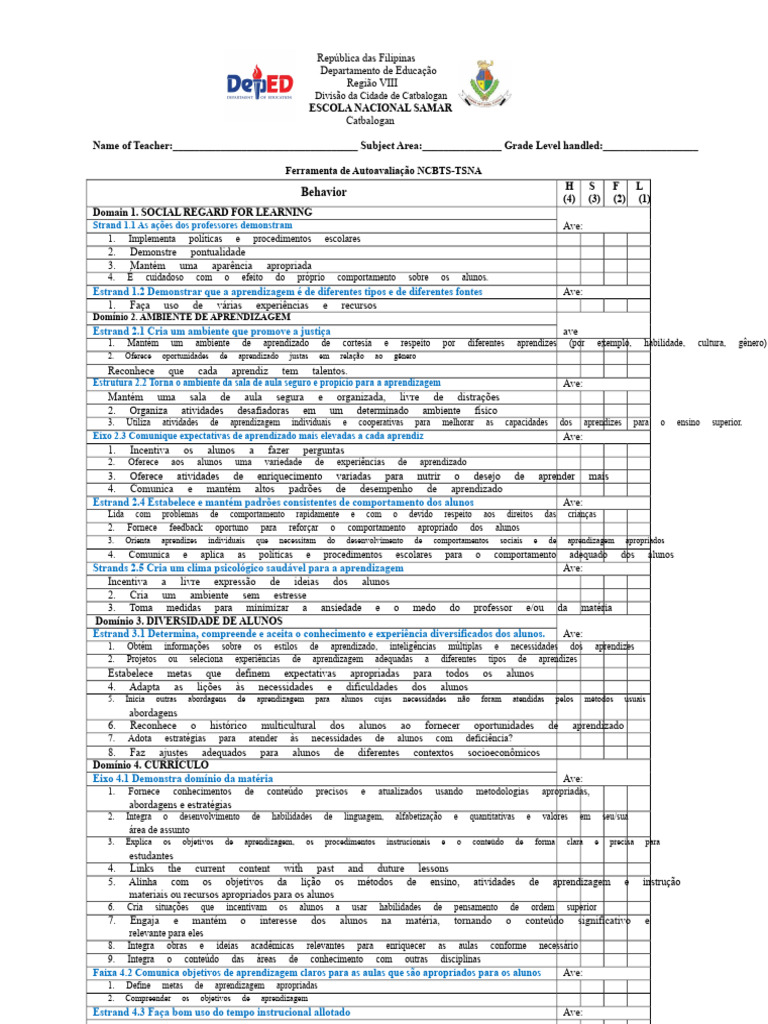 NCBTS-TSNA Ferramenta de Autoavaliação PDF | PDF | Aprendizado | Método ...