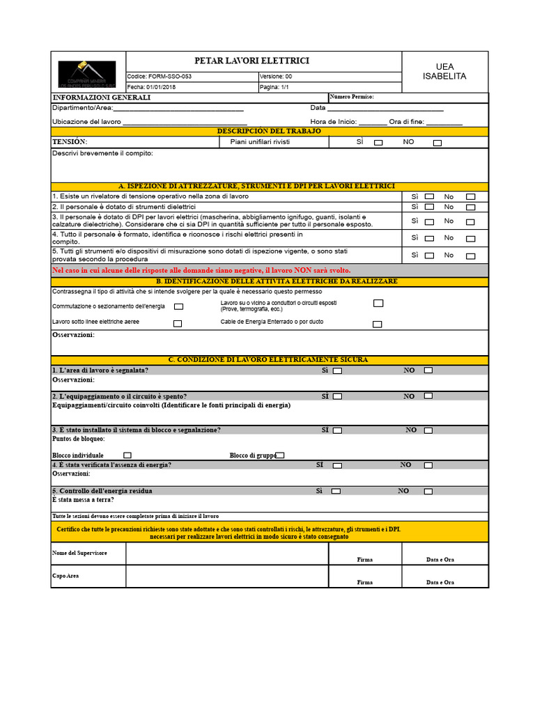 FORM-SSO-053 PETAR Lavori Elettrici | PDF