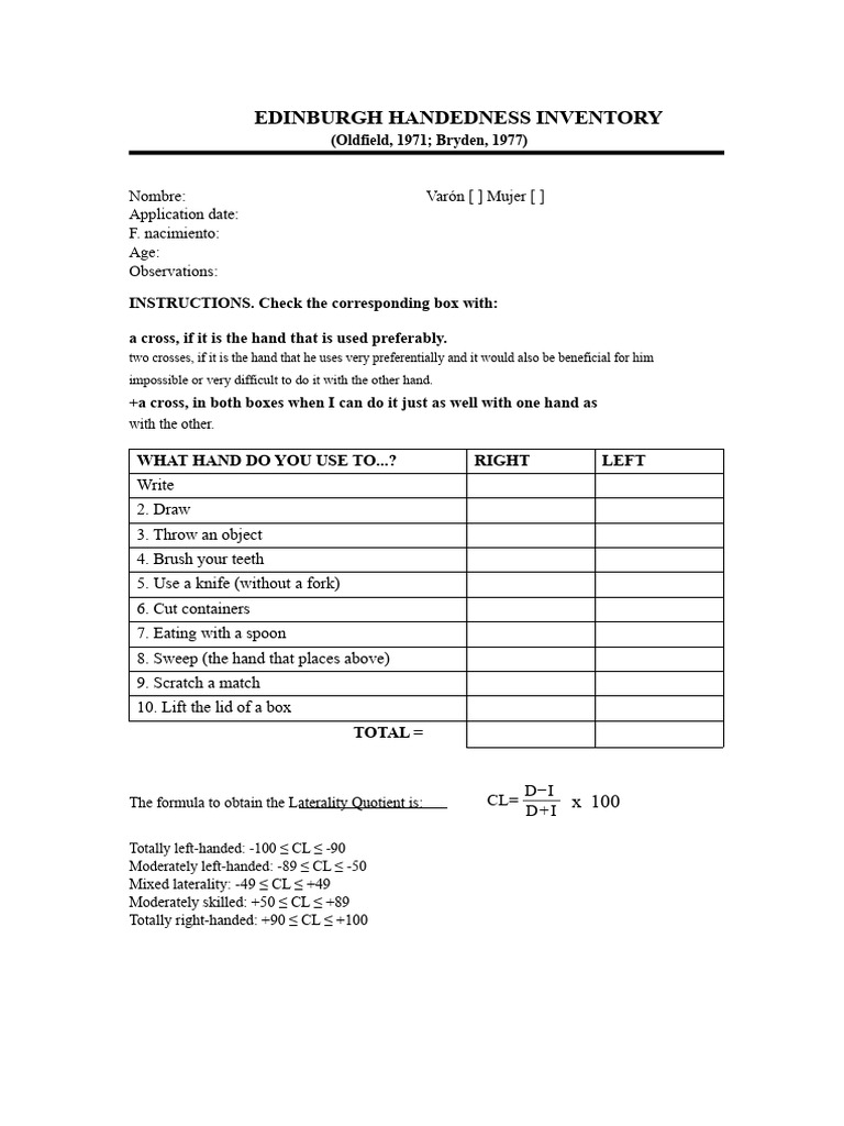Edinburgh Handedness Inventory Guide | PDF