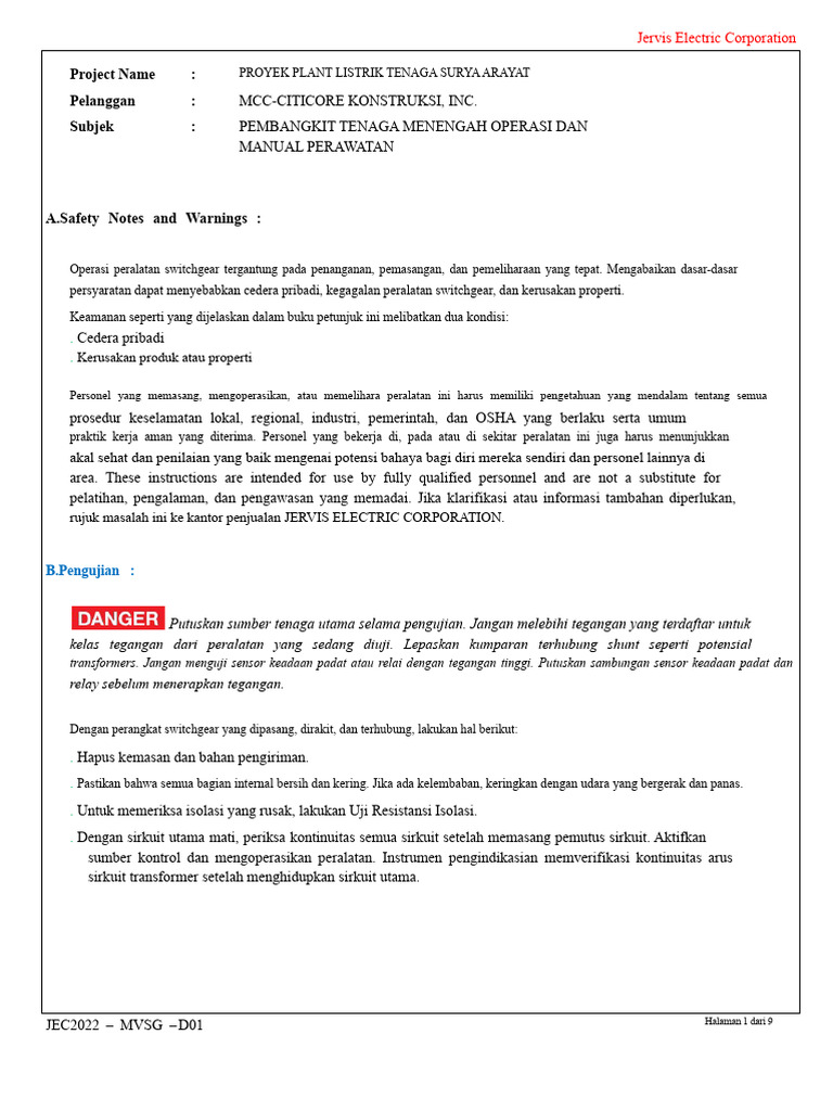 Manual Operasi Dan Pemeliharaan MVSG | PDF