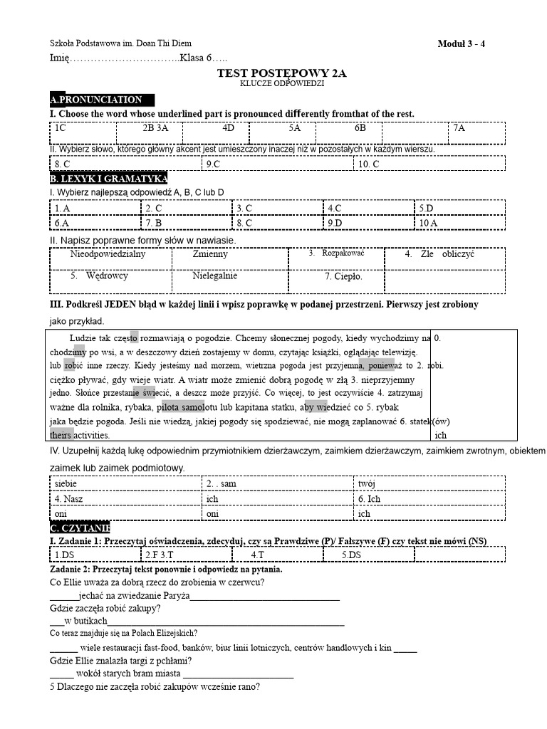 Klasa 6 - Test Postępowy 2A - Klucz Odpowiedzi A | PDF