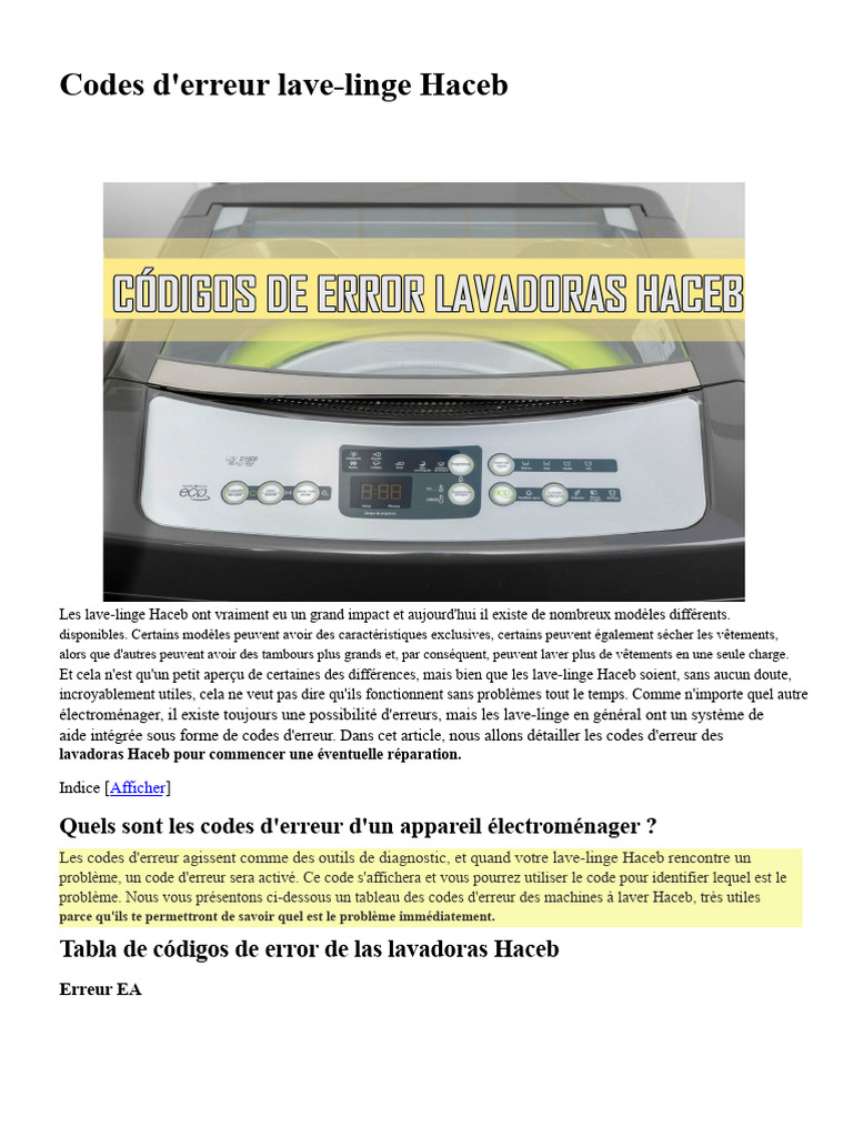 Codes d'erreur des lavelinge Haceb PDF Machine à laver — free download