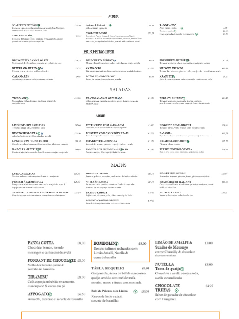 Menu Italiano: Pratos e Bebidas Deliciosas | PDF | Pizza | Chocolate