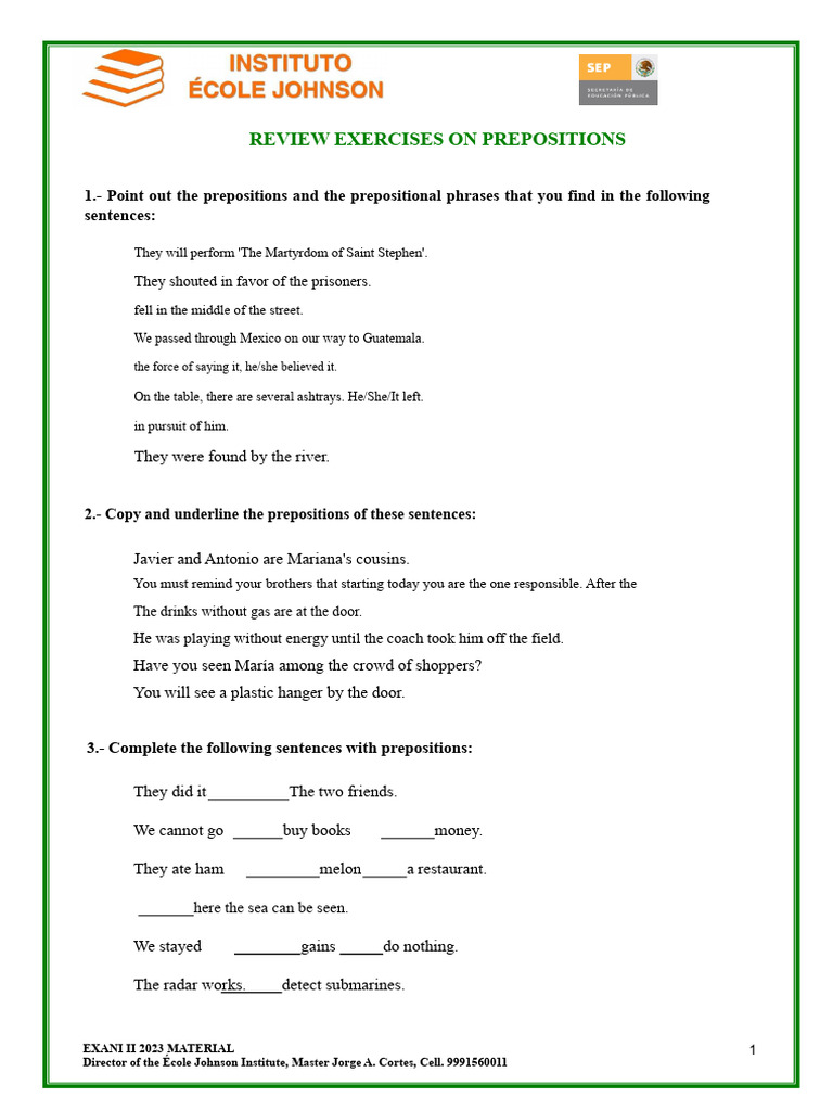 Preposition Exercises | PDF