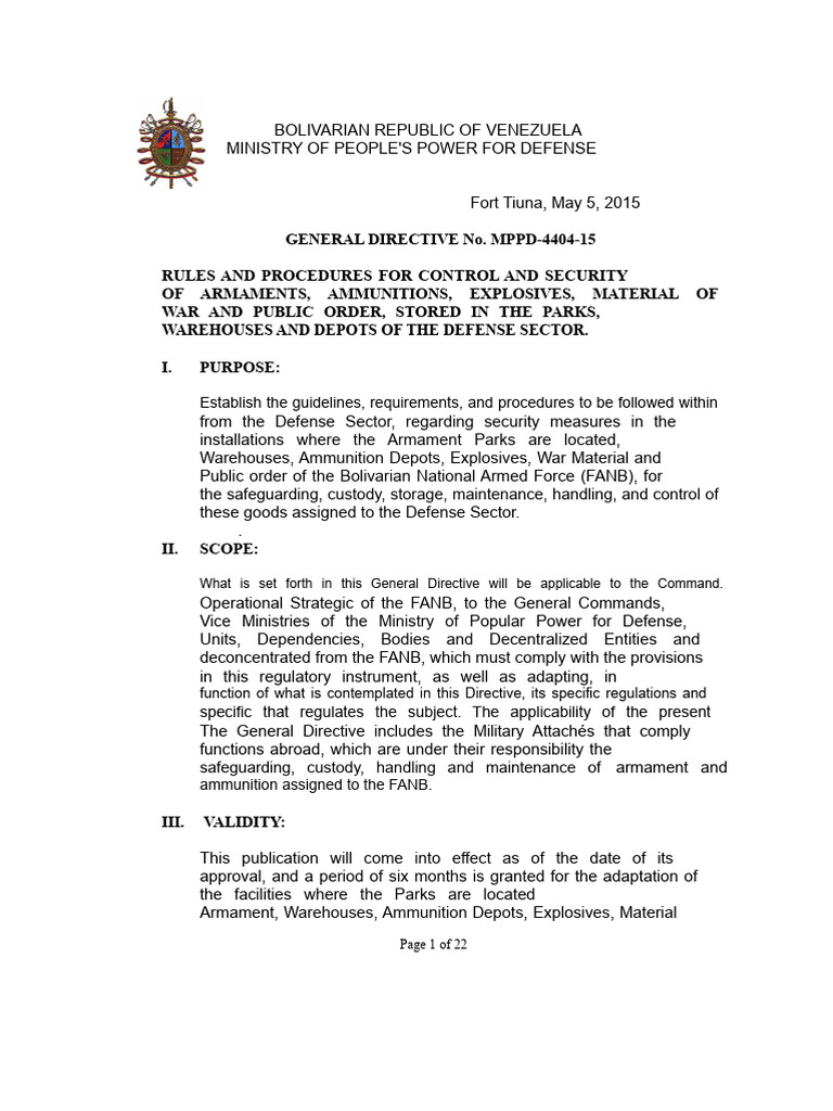 Venezuela Defense Sector Security Directive | PDF | Ammunition ...