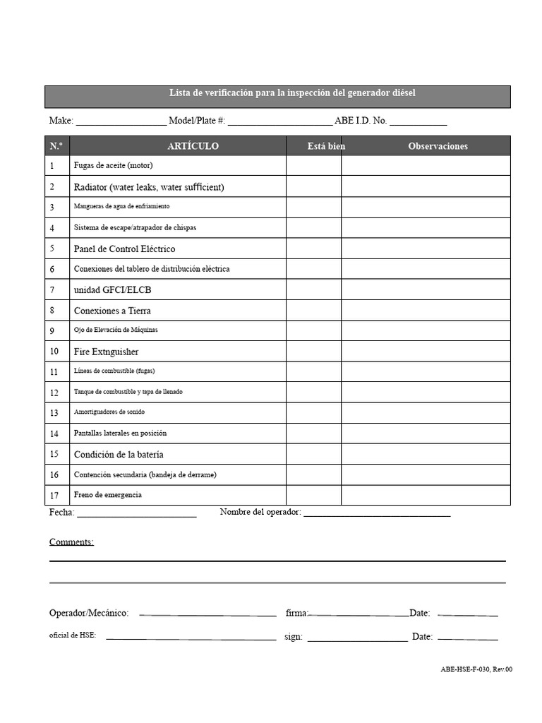 Lista de Verificación para La Inspección de Generadores Diésel F-030 | PDF