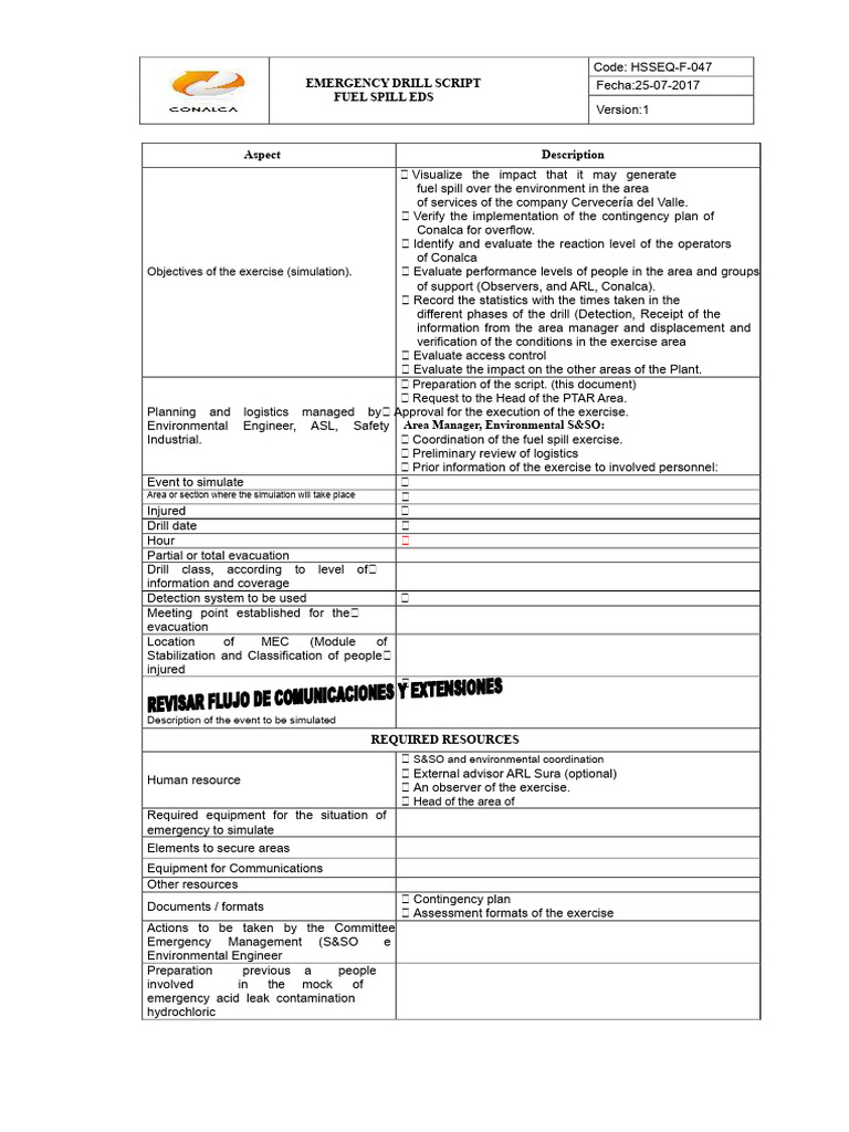 HSSEQ-F-047 Emergency Drill Script For Fuel Spill | PDF | Emergency ...