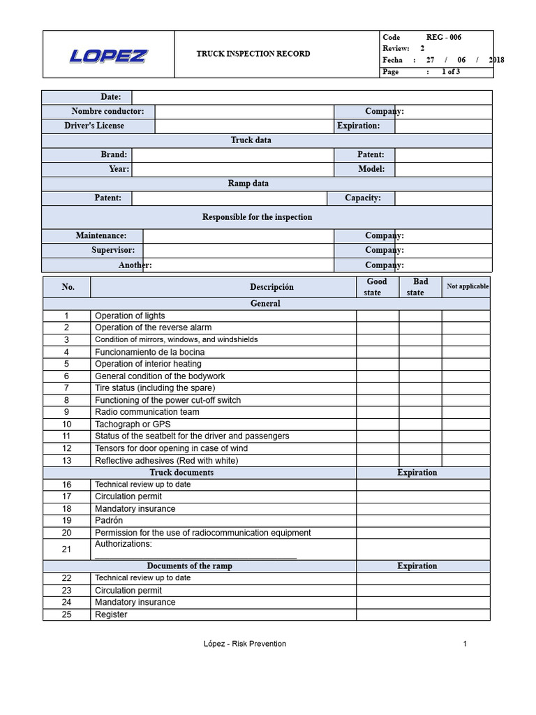 006 Fo Reg - 006-04-17 Truck and Ramp Inspection Record | PDF | Truck ...