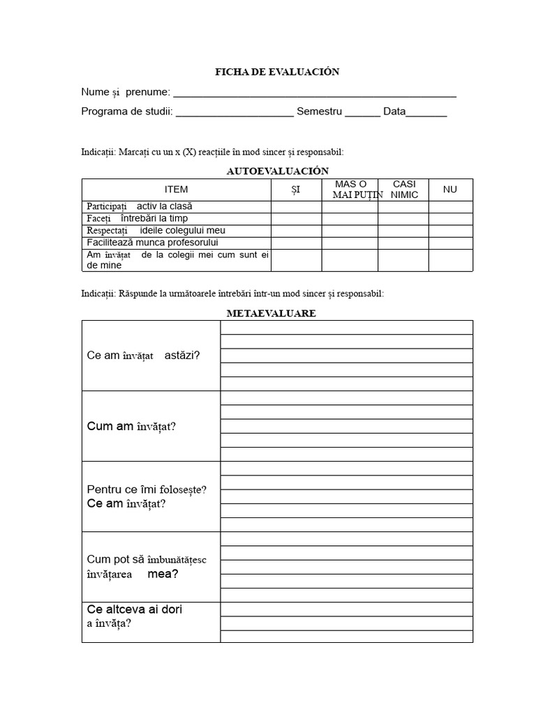Fisa de Autoevaluare Și Metaevaluare | PDF