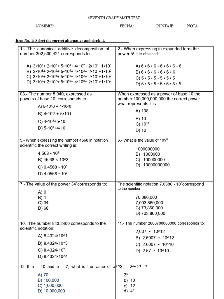 Seventh Grade Math Test Questions | PDF | Mathematics