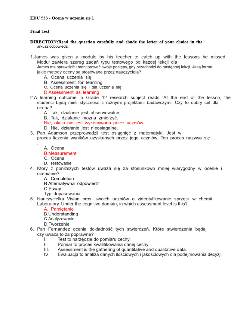 EDU 533 Ocena w nauczaniu 1 | PDF