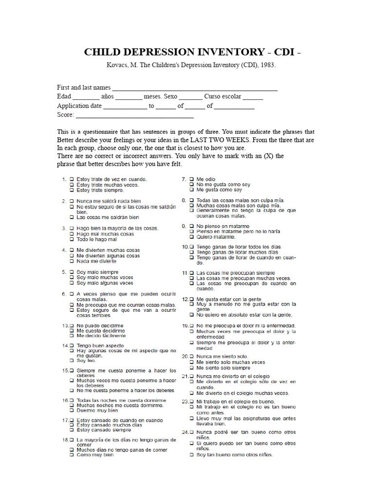 Toaz - Info Cdi Inventory of Child Depression Kovacs 1983 PR | PDF