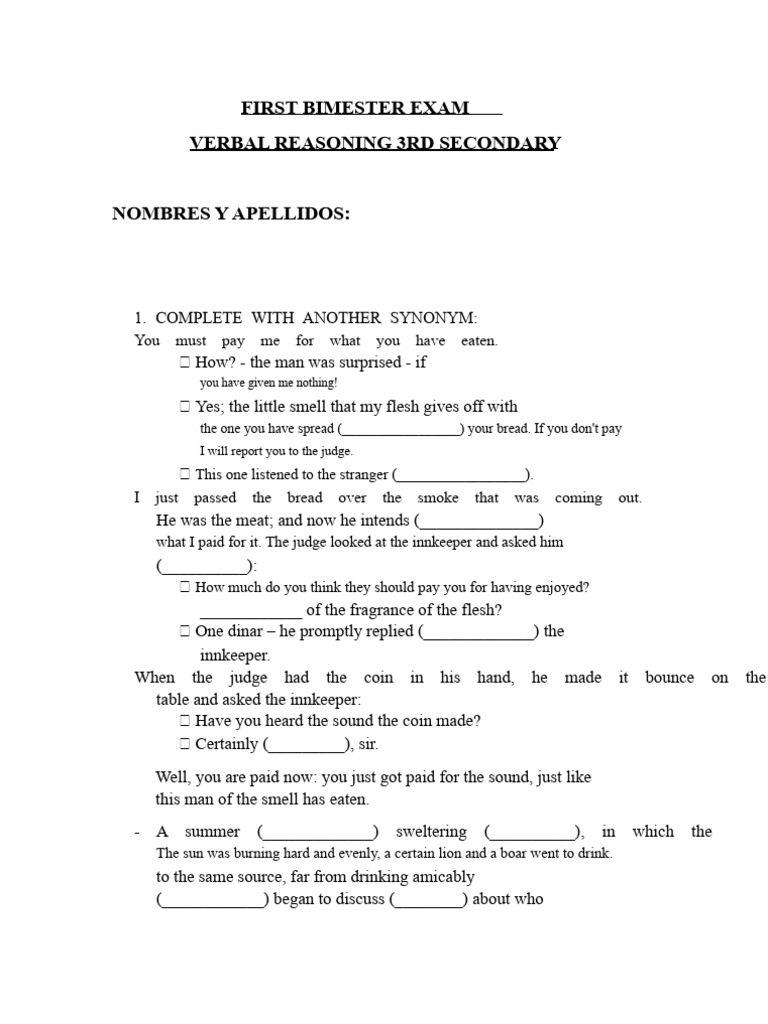 First Bimester Exam Verbal Reasoning 3RD | PDF