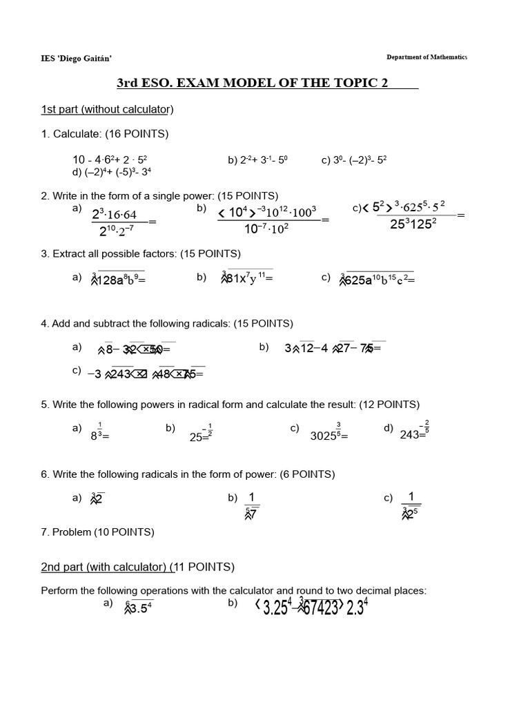 Powers and Roots Exam Model | PDF | Mathematics | Chess Theory