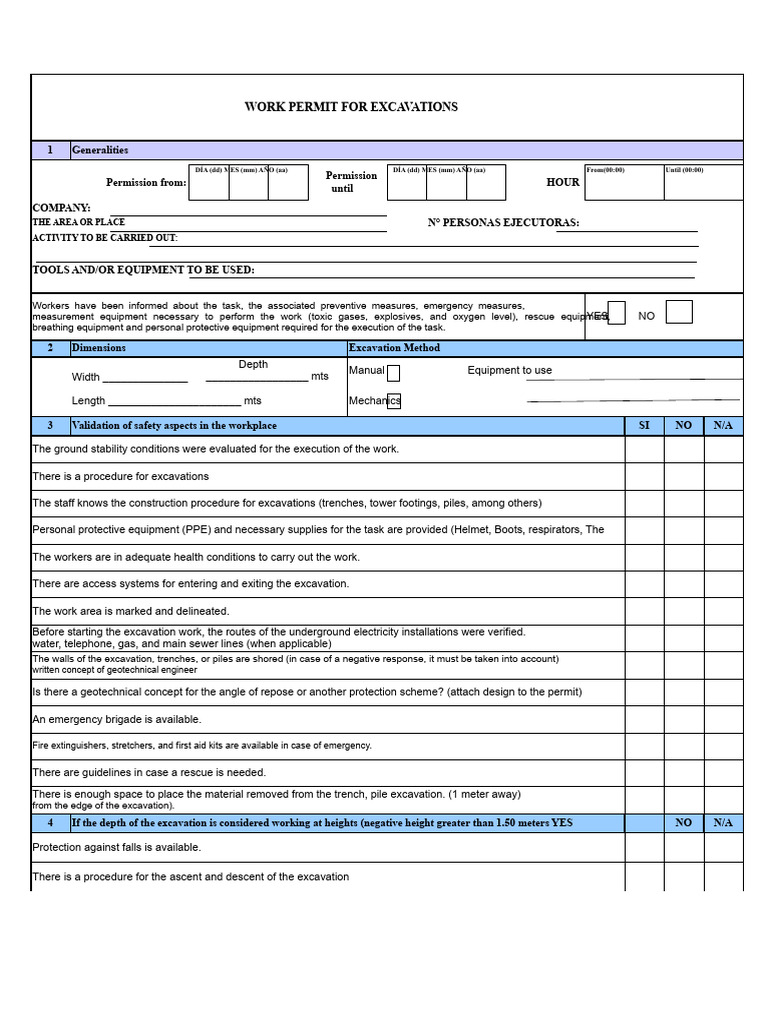 Excavation Work Permit Checklist | PDF | Personal Protective Equipment ...