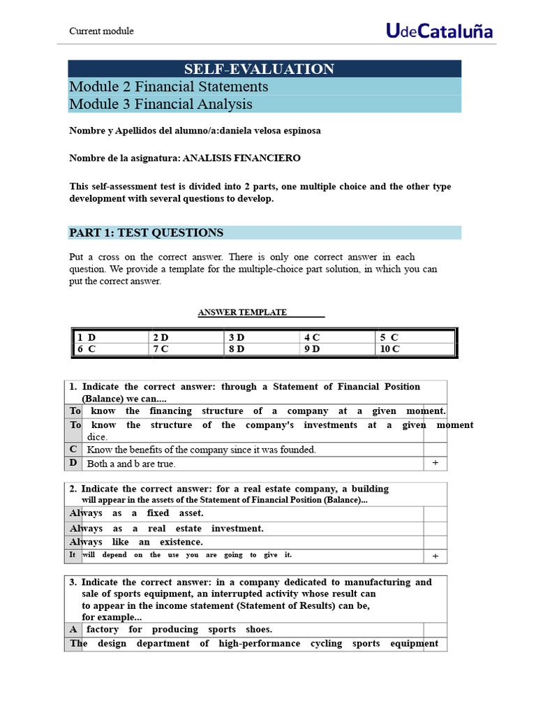 Financial Statements Self-Evaluation Test | PDF | Multiple Choice ...