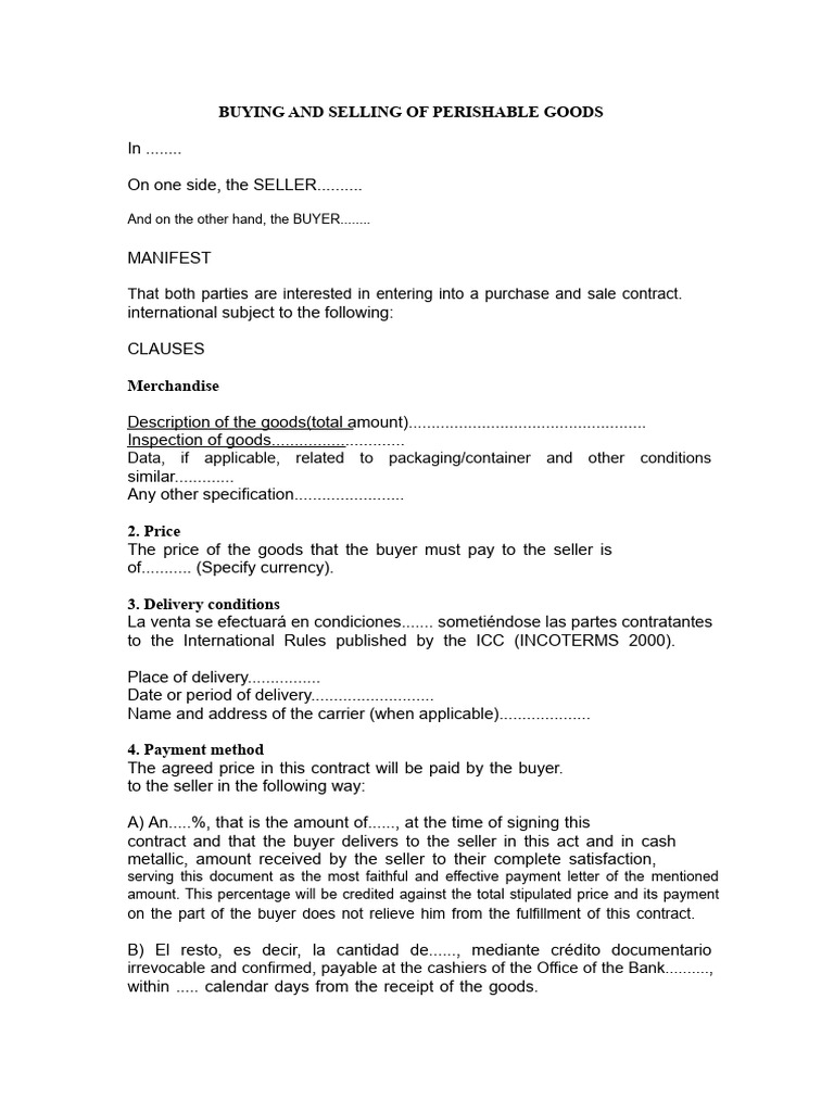 Model For The SALE OF PERISHABLE GOODS | PDF | Breach Of Contract ...