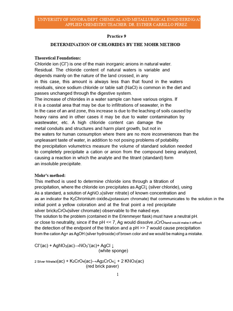 Chloride Determination by Mohr Method | PDF | Precipitation (Chemistry ...