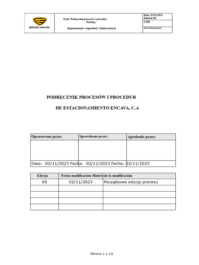 Poradnik Procedur Parkingowych Encava2023 | PDF