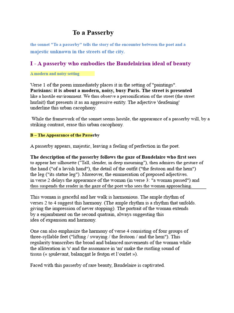 To A Passerby Analysis | PDF | Charles Baudelaire