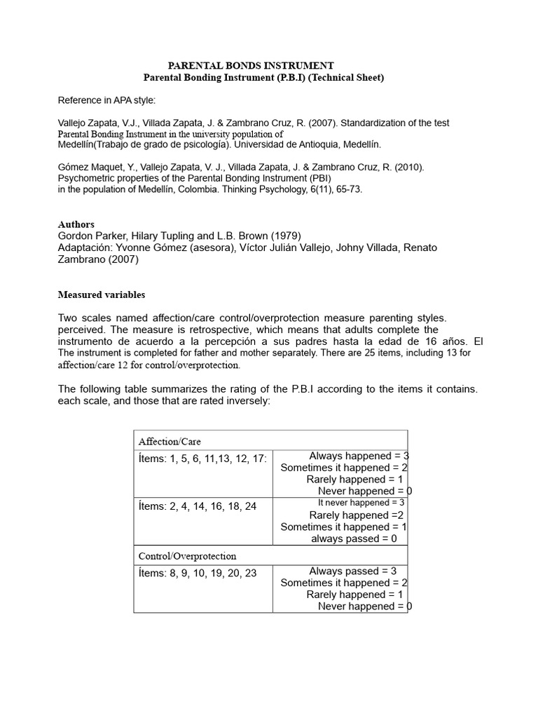 Parental Bonding Instrument Overview | PDF | Social Psychology ...