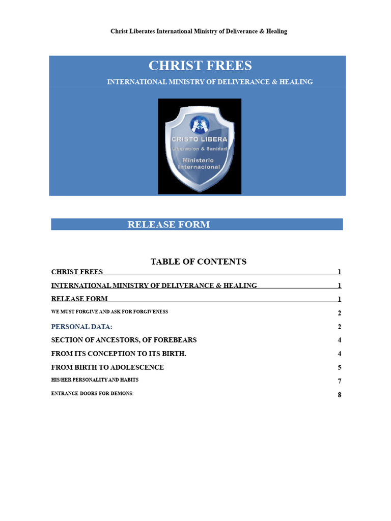 Deliverance & Healing Release Form | PDF | Deliverance Ministry | Jesus