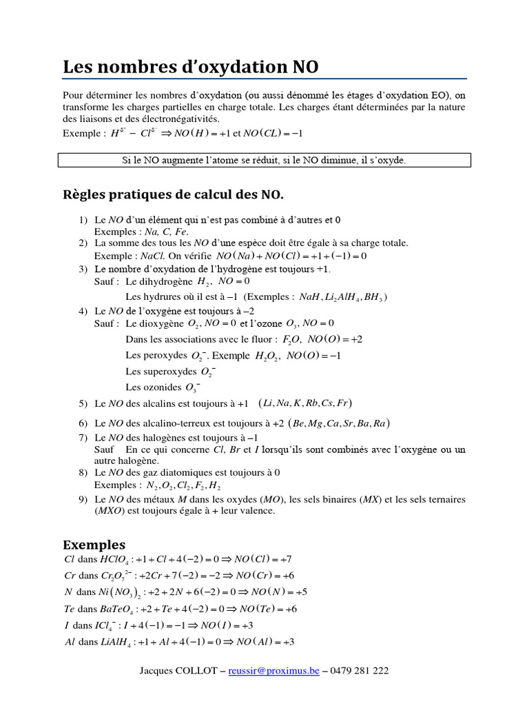 Nombres d'oxydation règles et exemples PDF — free download