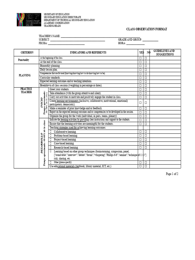 Class Observation Guidelines For Teachers Pdf Learning Teachers