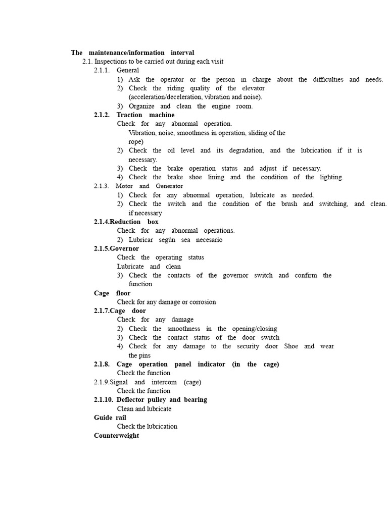 Elevator Maintenance Inspection Checklist | PDF | Elevator | Switch
