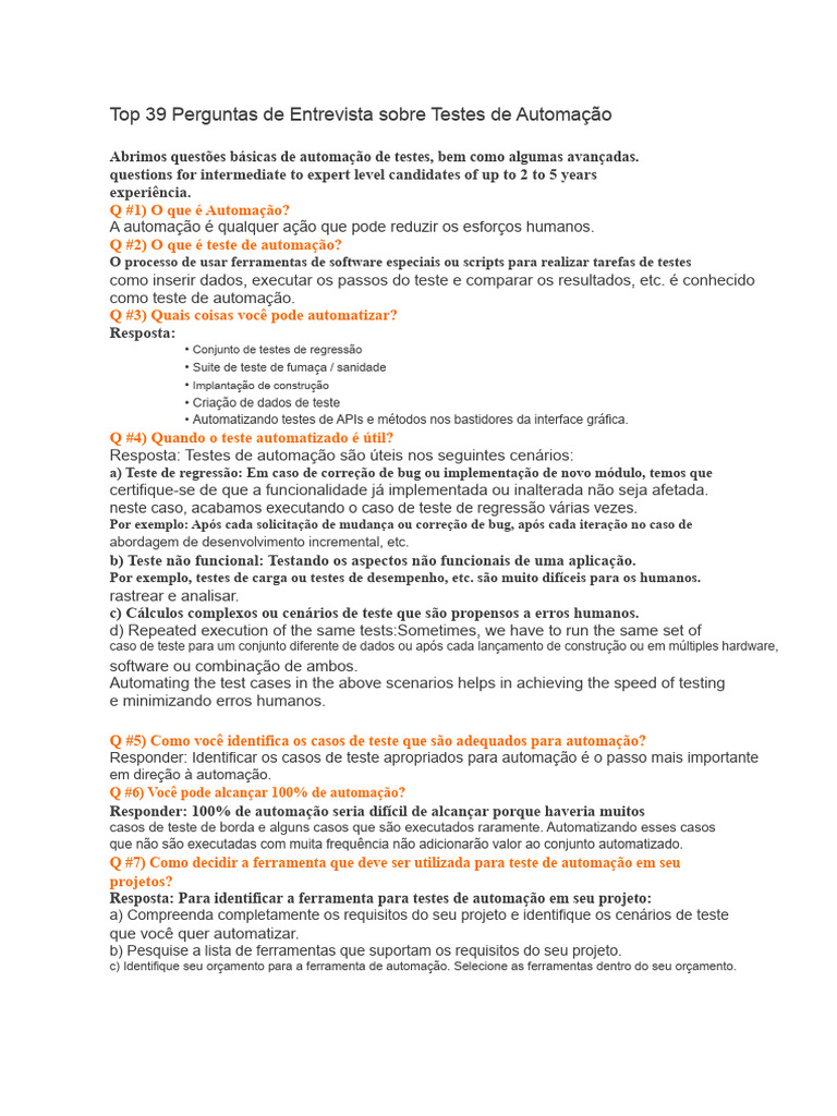 39 Perguntas sobre Testes de Automação | PDF | Testes de software ...
