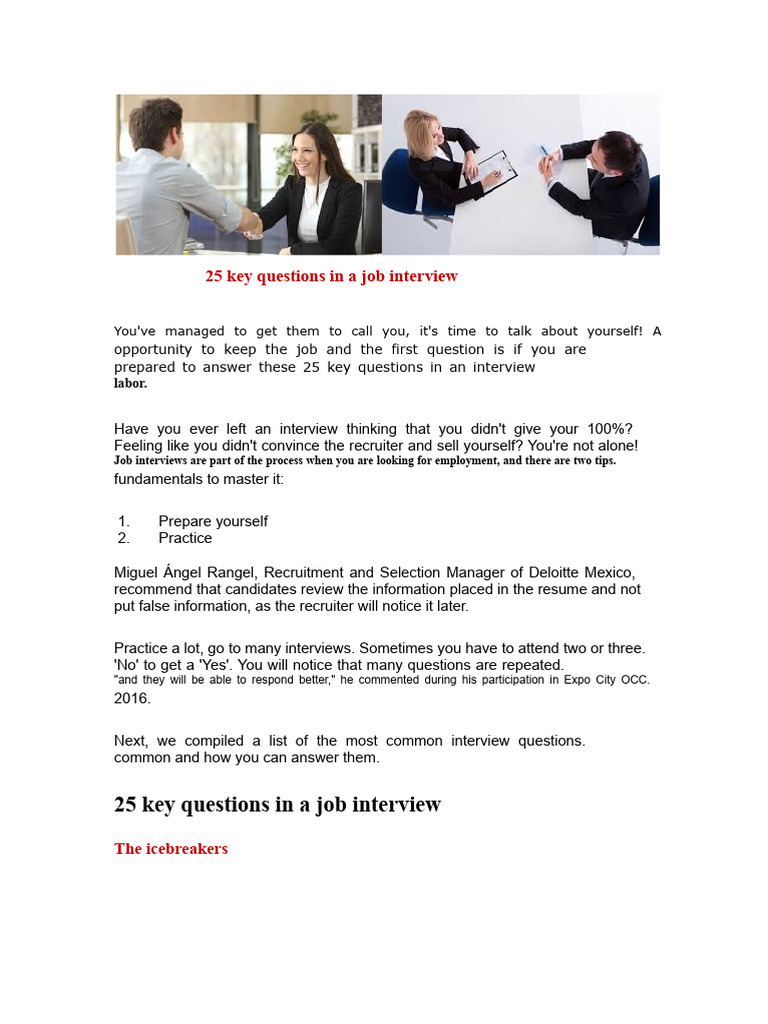25 Essential Job Interview Questions | PDF | Job Interview | Recruitment