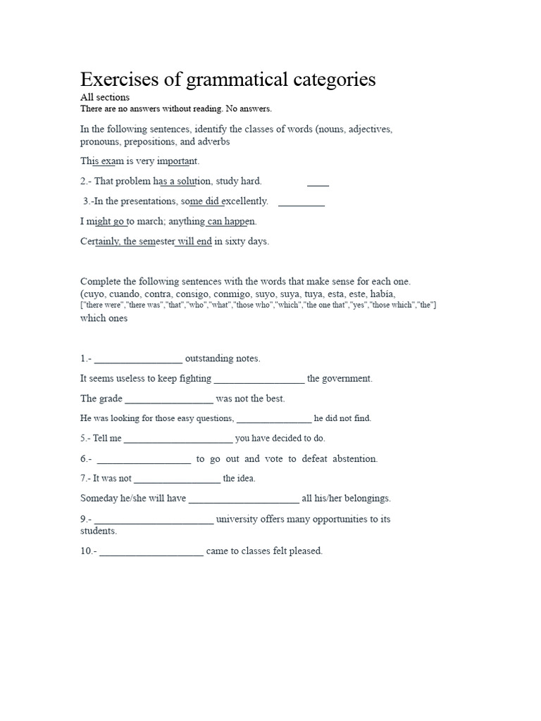 Exercises On Grammatical Categories | PDF