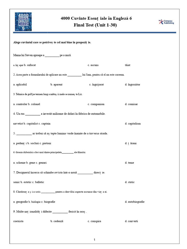 4000 Cuvinte Esențiale În Engleză 6 - Test Final | PDF