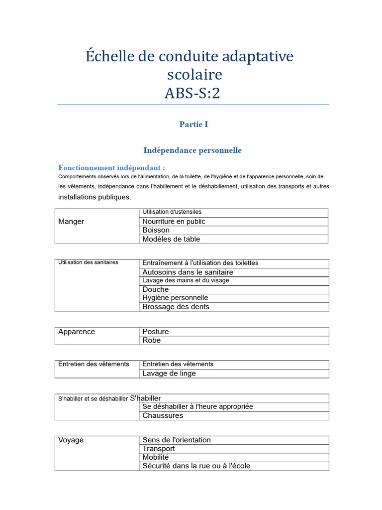 Échelle de conduite adaptative scolaire | PDF | Hygiène | Concept de ...