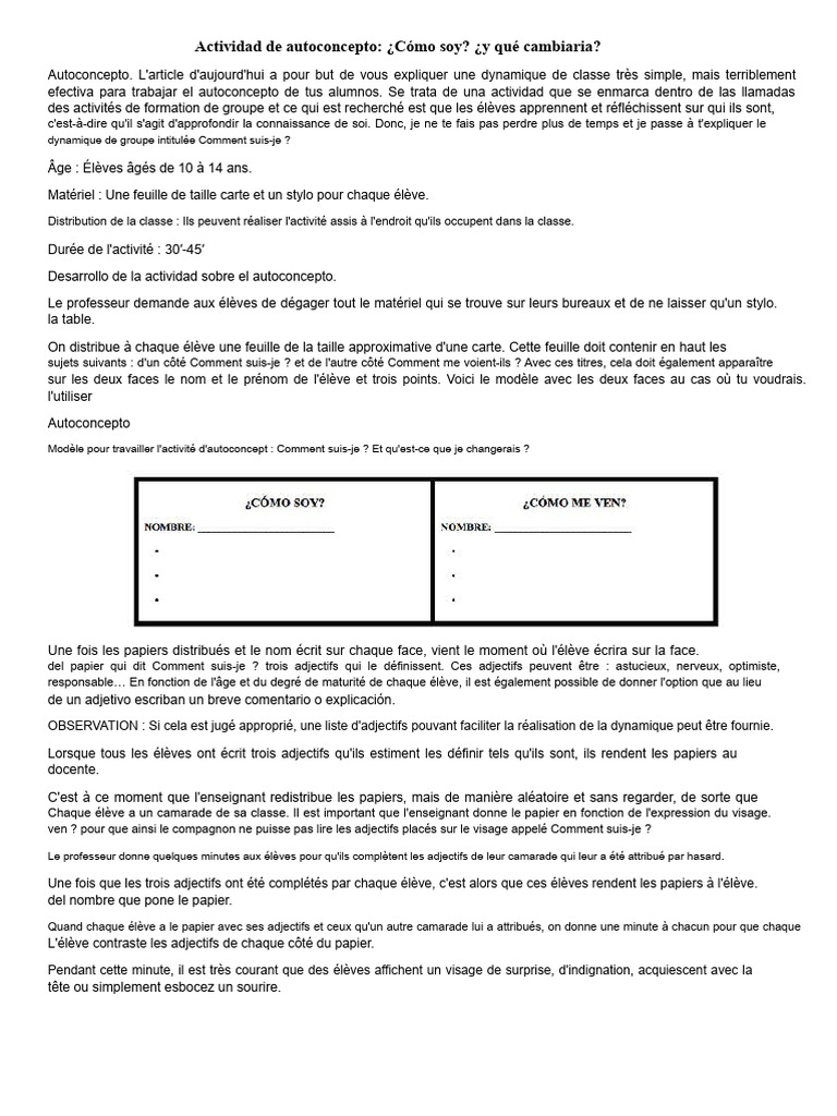 Activité d'autoconcept : Mieux se connaître | PDF