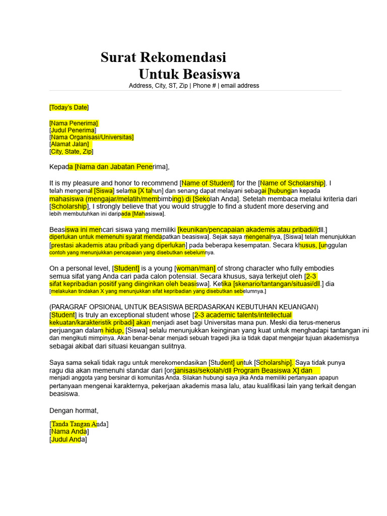 Surat Rekomendasi Beasiswa Mahasiswa | PDF