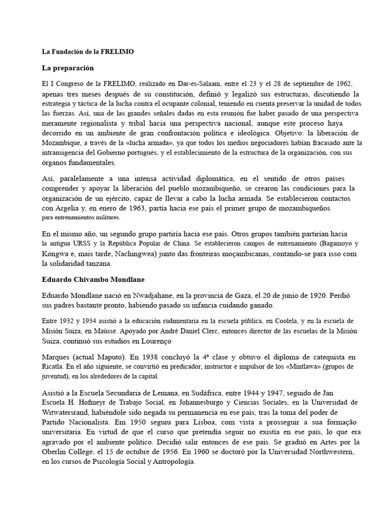 Historia de la FRELIMO y su Lucha Armada | PDF | Mozambique | Militar