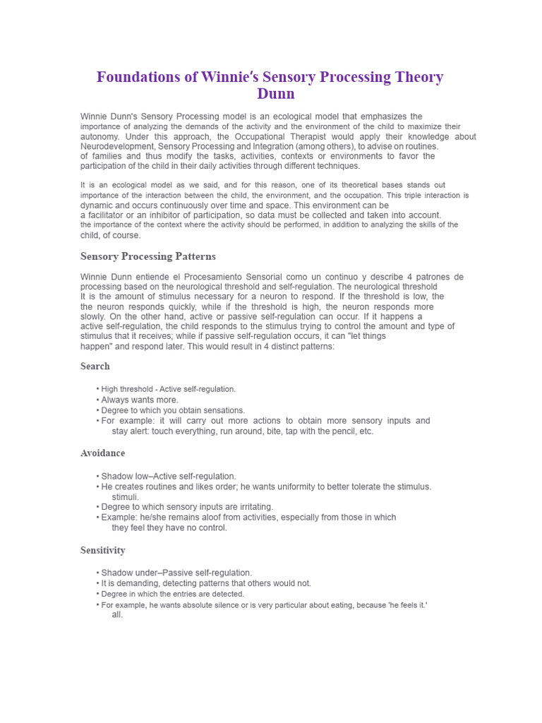 Winnie Dunn's Sensory Processing Model | PDF | Stimulus (Physiology ...