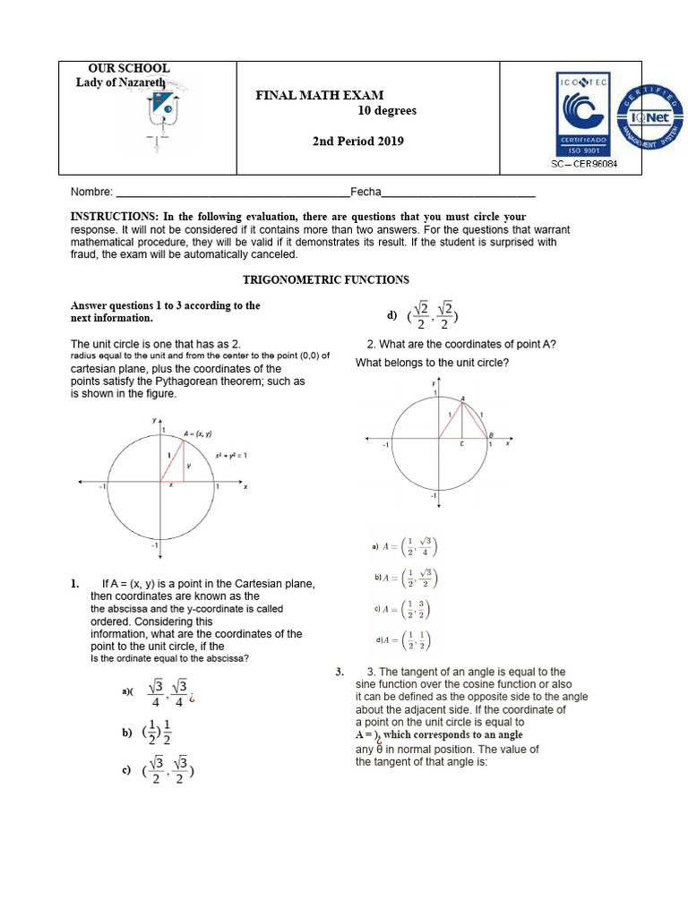 Final Exam 10th Mathematics | PDF | Trigonometric Functions | Circle