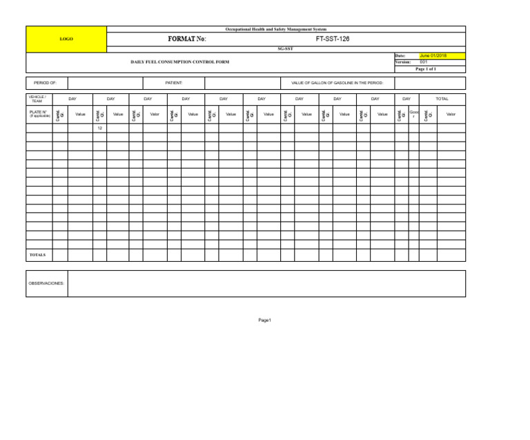 FT-SST-126 Daily Fuel Consumption Control Sheet Format | PDF