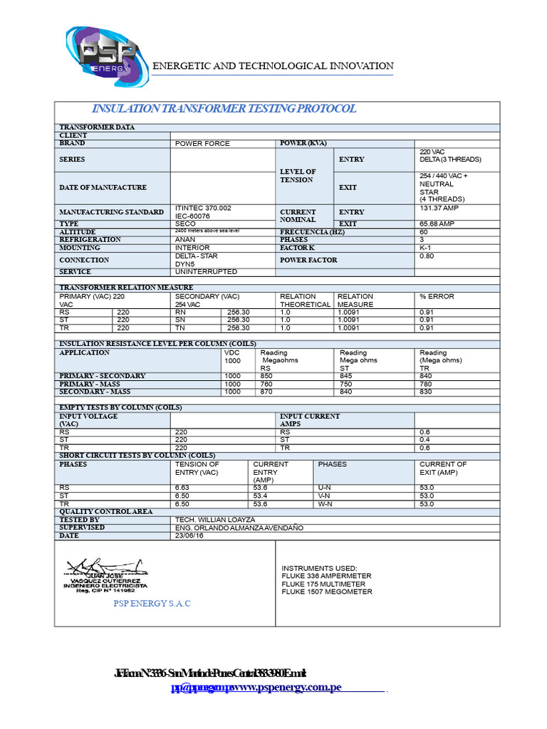 Transformer Insulation Testing Protocol | PDF | Transformer ...