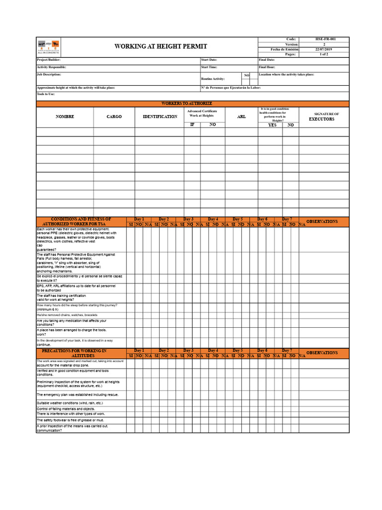 Working at Height Safety Permit Template | PDF | Personal Protective ...