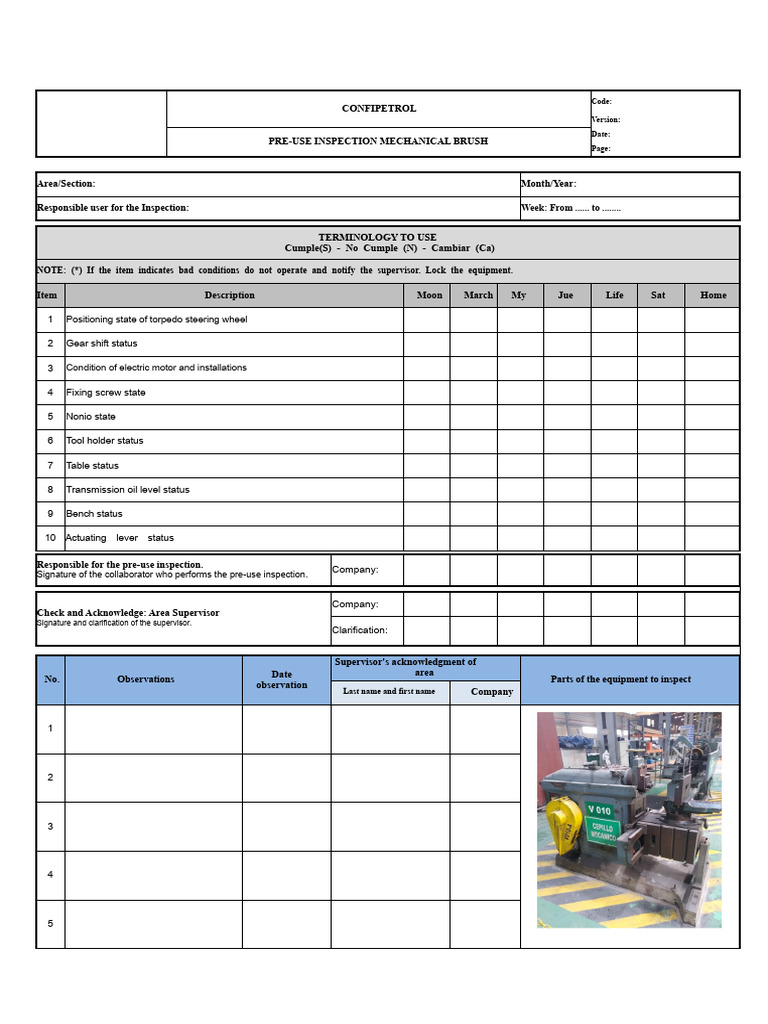 Pre-Use Inspection Checklist for Mechanical Brush | PDF