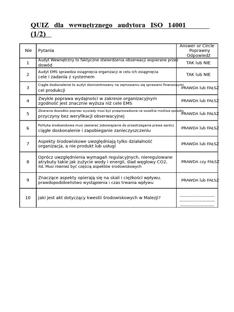 QUIZ Dla Wewnętrznego Audytora ISO 14001 | PDF