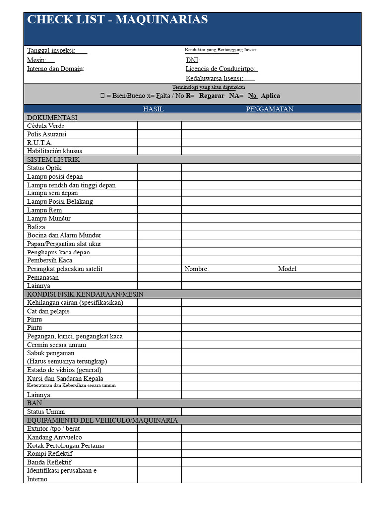 Checklist Inspeksi Mesin dan Kendaraan | PDF