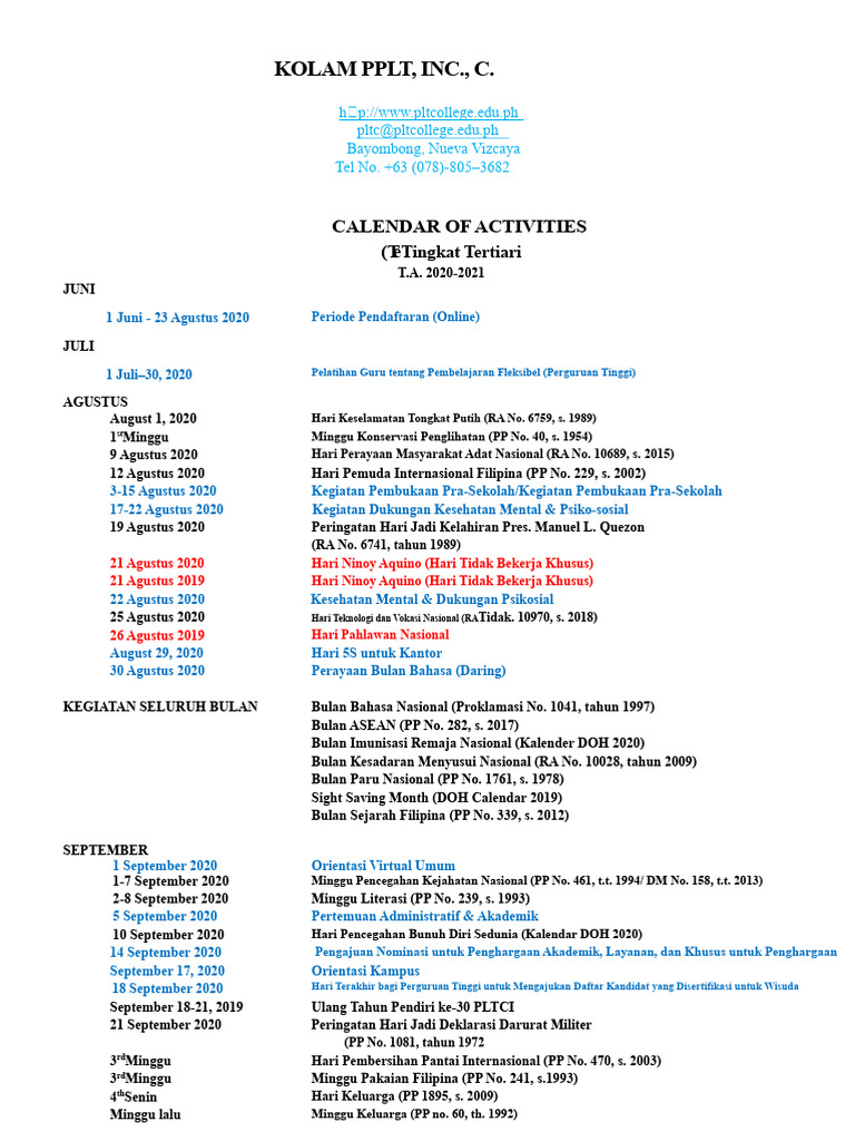 Kalender Kegiatan PLTC 2020-2021 | PDF